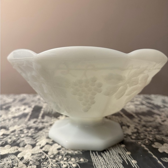 Vintage Milk Glass White Embossed Pedestal Bowl